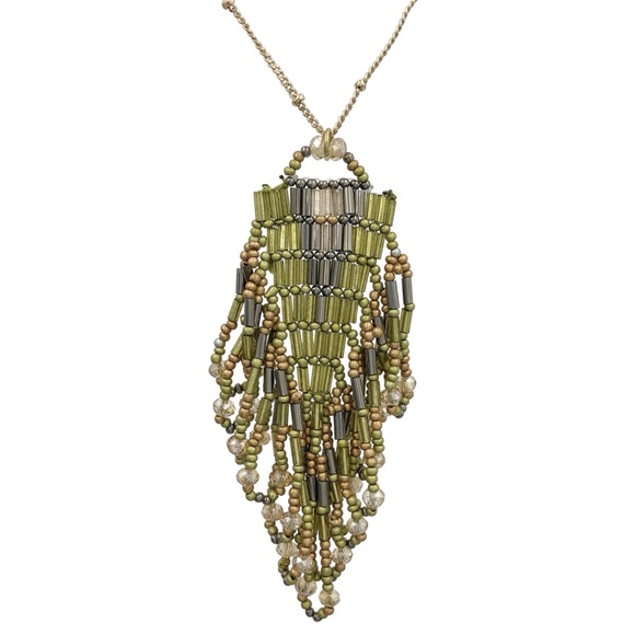 Olive Green Glass Bead Loop Fringe Tassel Necklace - Picture 1 of 3